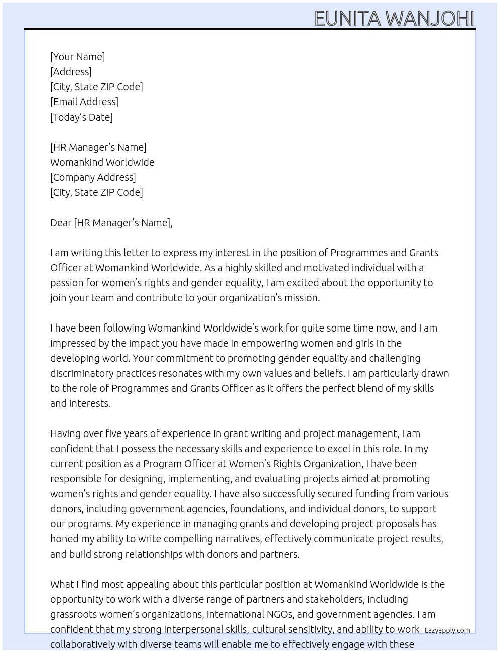 Programmes and Grants Oficcer At Womankind Worldwide Cover Letter