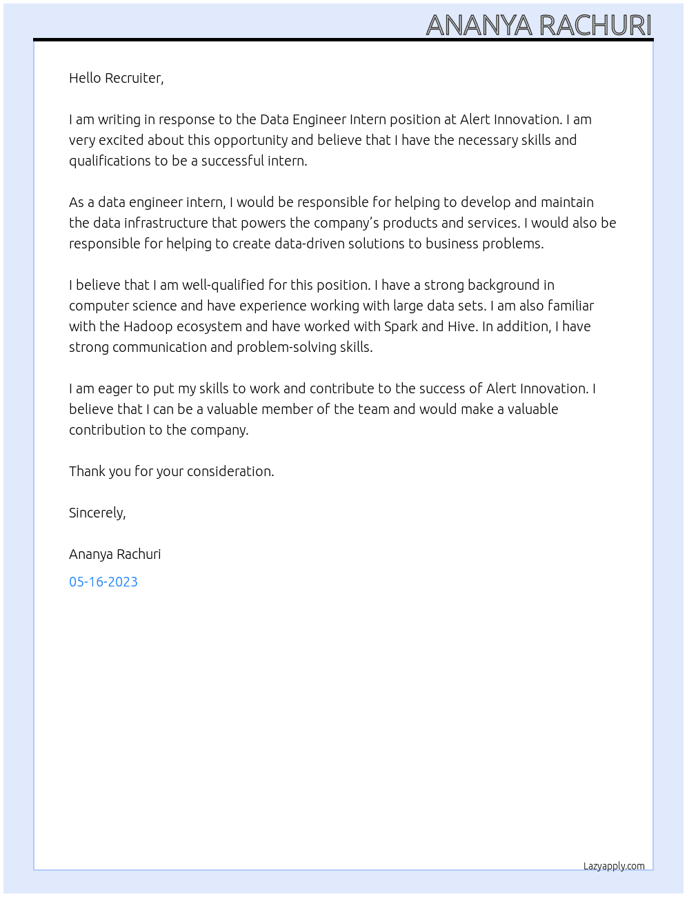 Data Engineer Intern At Alert Innovation Cover Letter