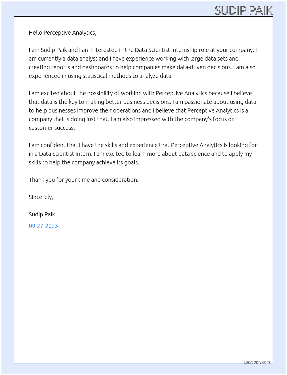Data Scientist At Perceptive Analytics Cover Letter