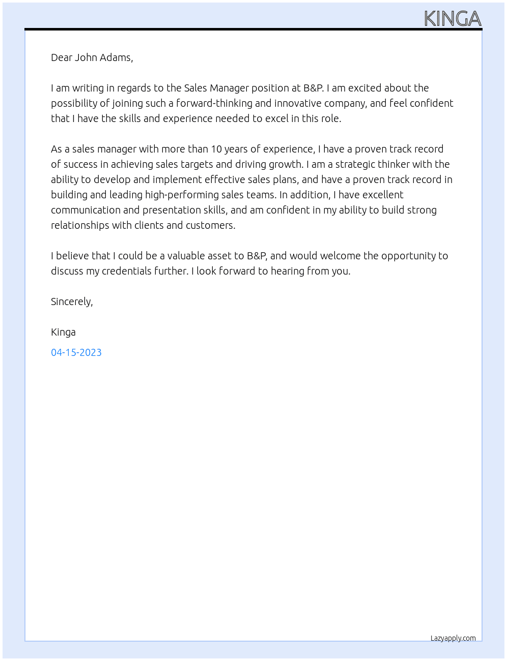 sales manager At B&P Cover Letter