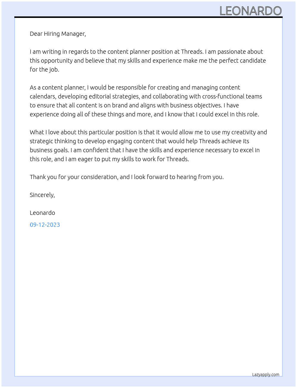 content planner At Threads Cover Letter