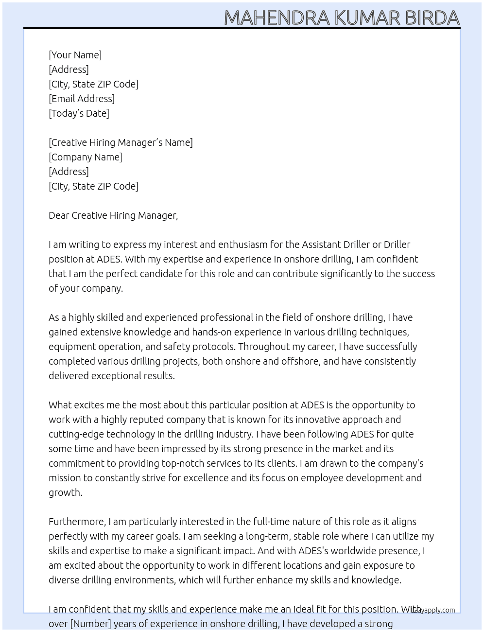 Assistant driller or driller At ADES Cover Letter