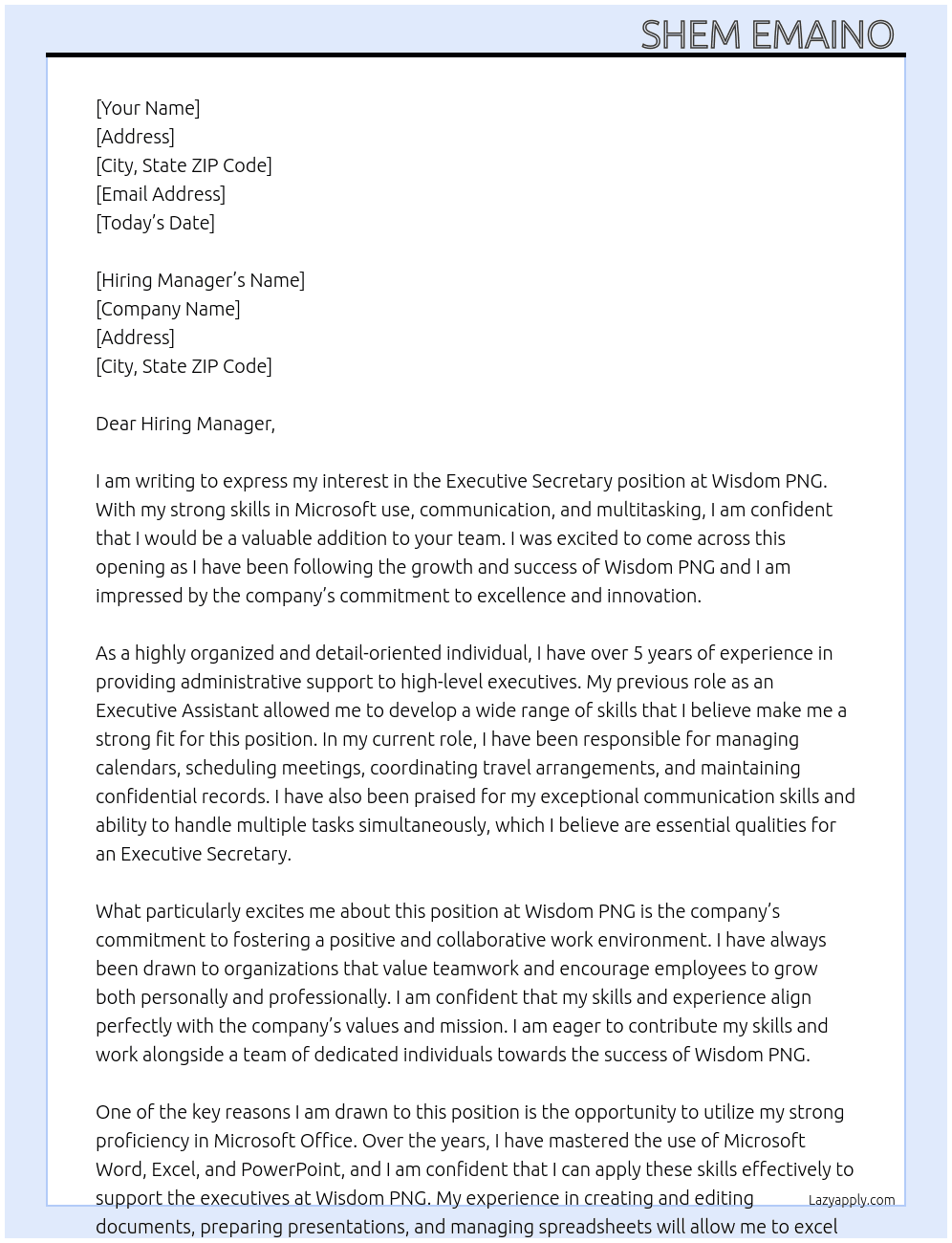 Executive Secretary  At Wisdom PNG Cover Letter