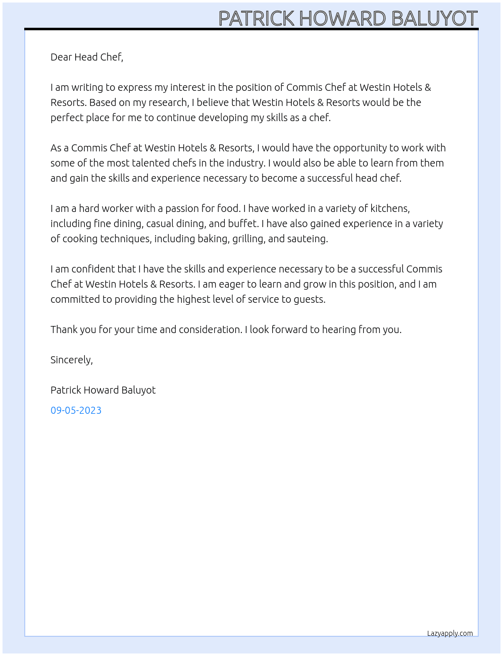 Commis Chef At Westin Hotels & Resorts Cover Letter