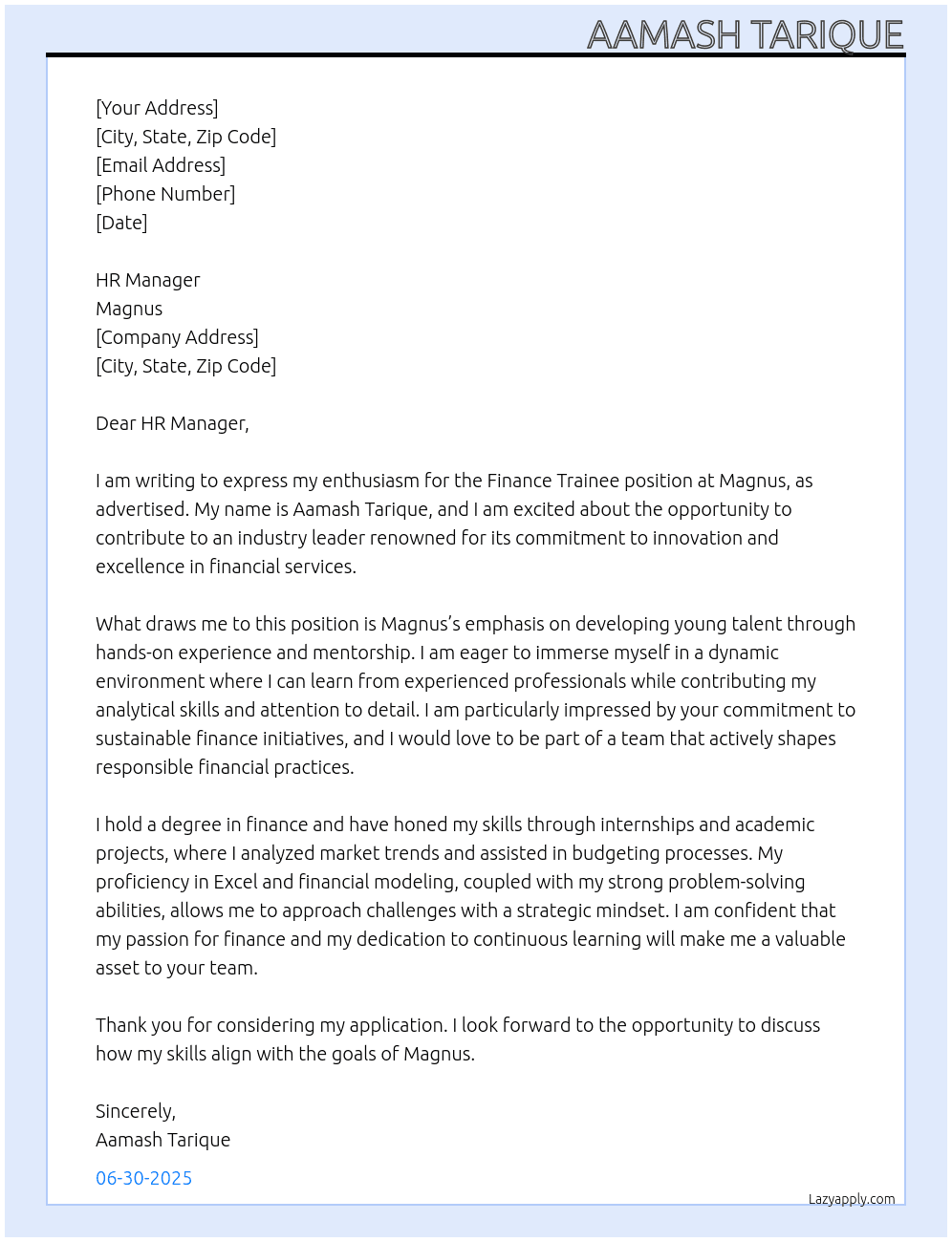 finance trainee At magnus Cover Letter