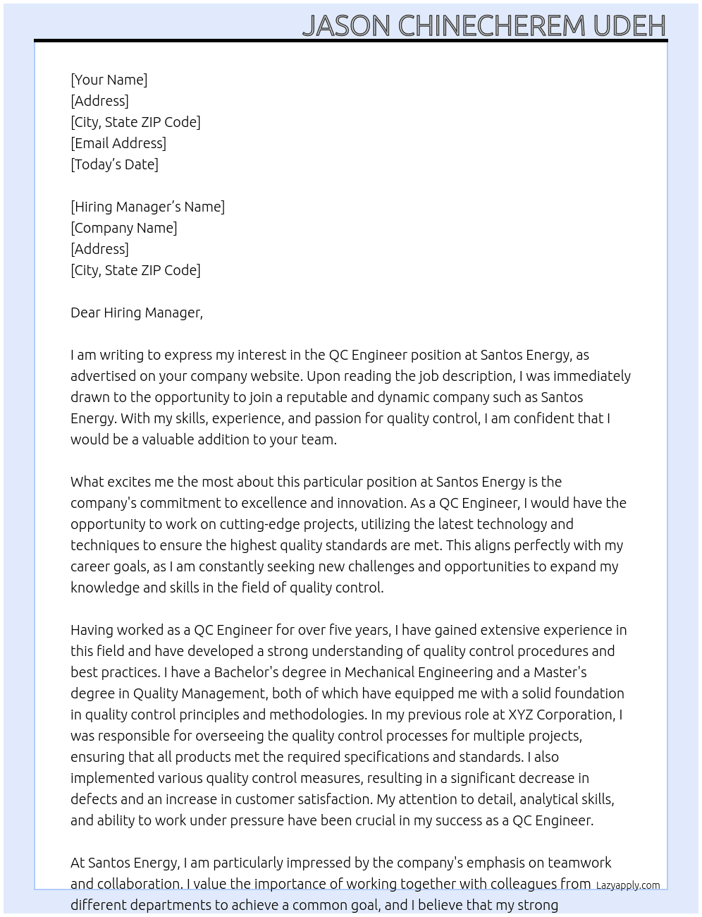 QC Engineer At Santos Energy Cover Letter
