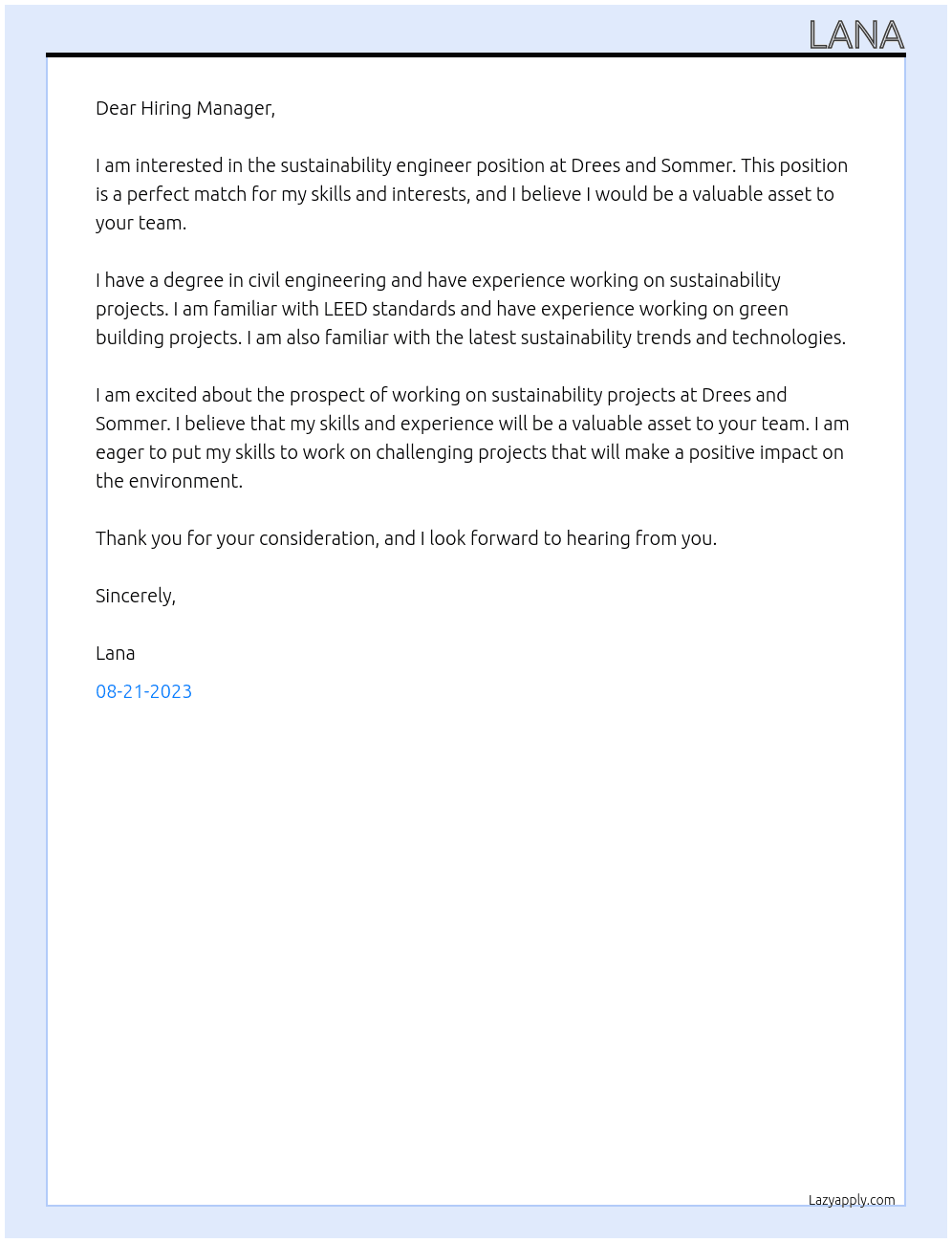 sustainability engineer At Drees and Sommer Cover Letter