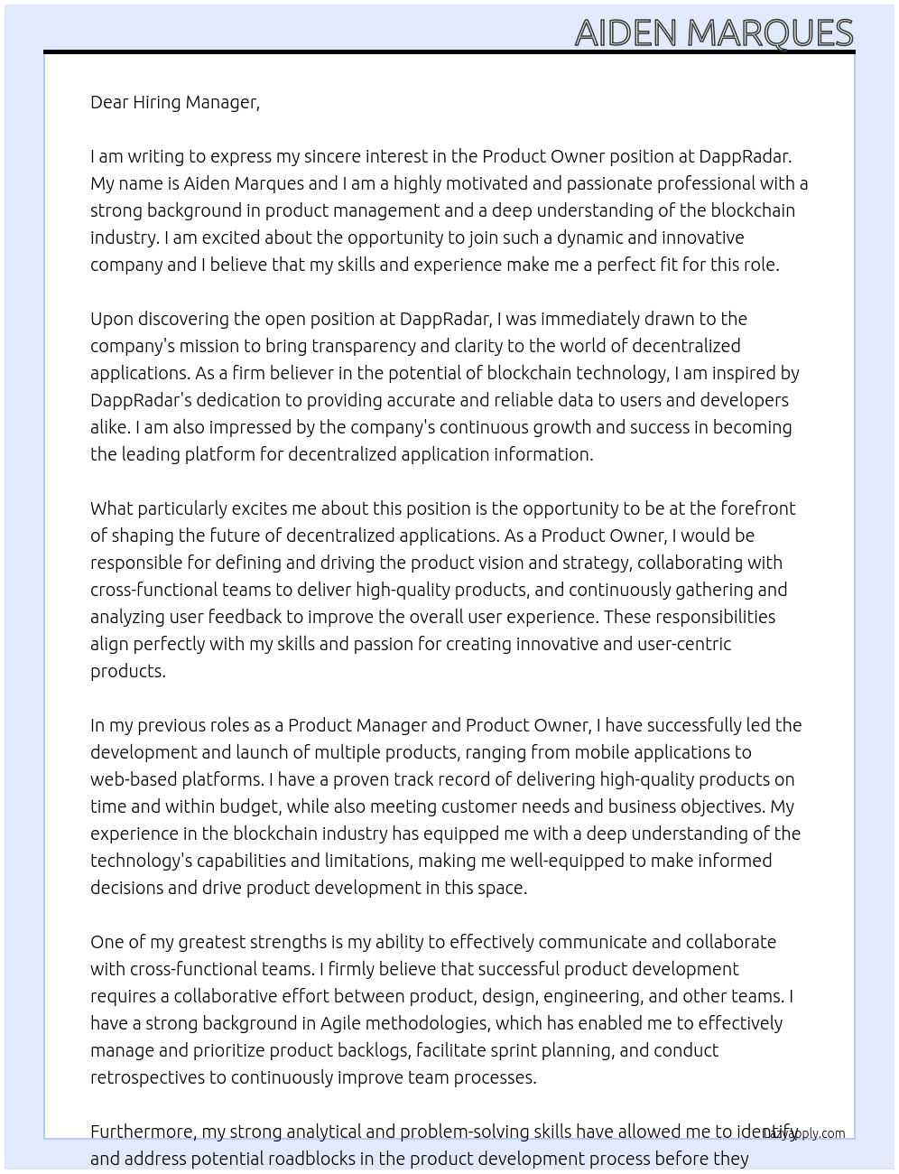 Product Owner At DappRadar Cover Letter