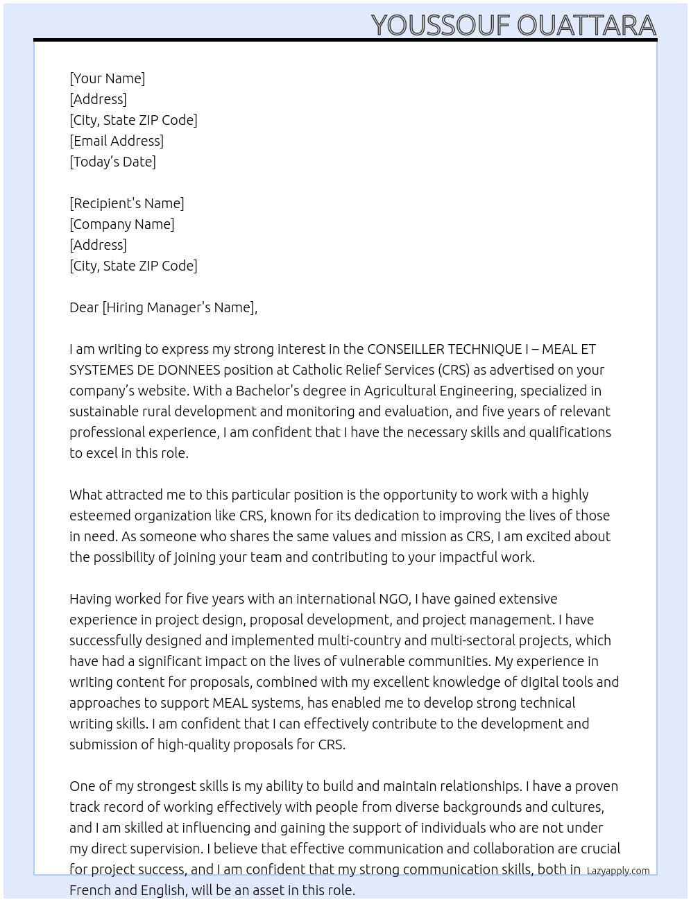 CONSEILLER TECHNIQUE I – MEAL ET SYSTEMES DE DONNEES At CATHOLIC RELIEF SERVICES (CRS) Cover Letter