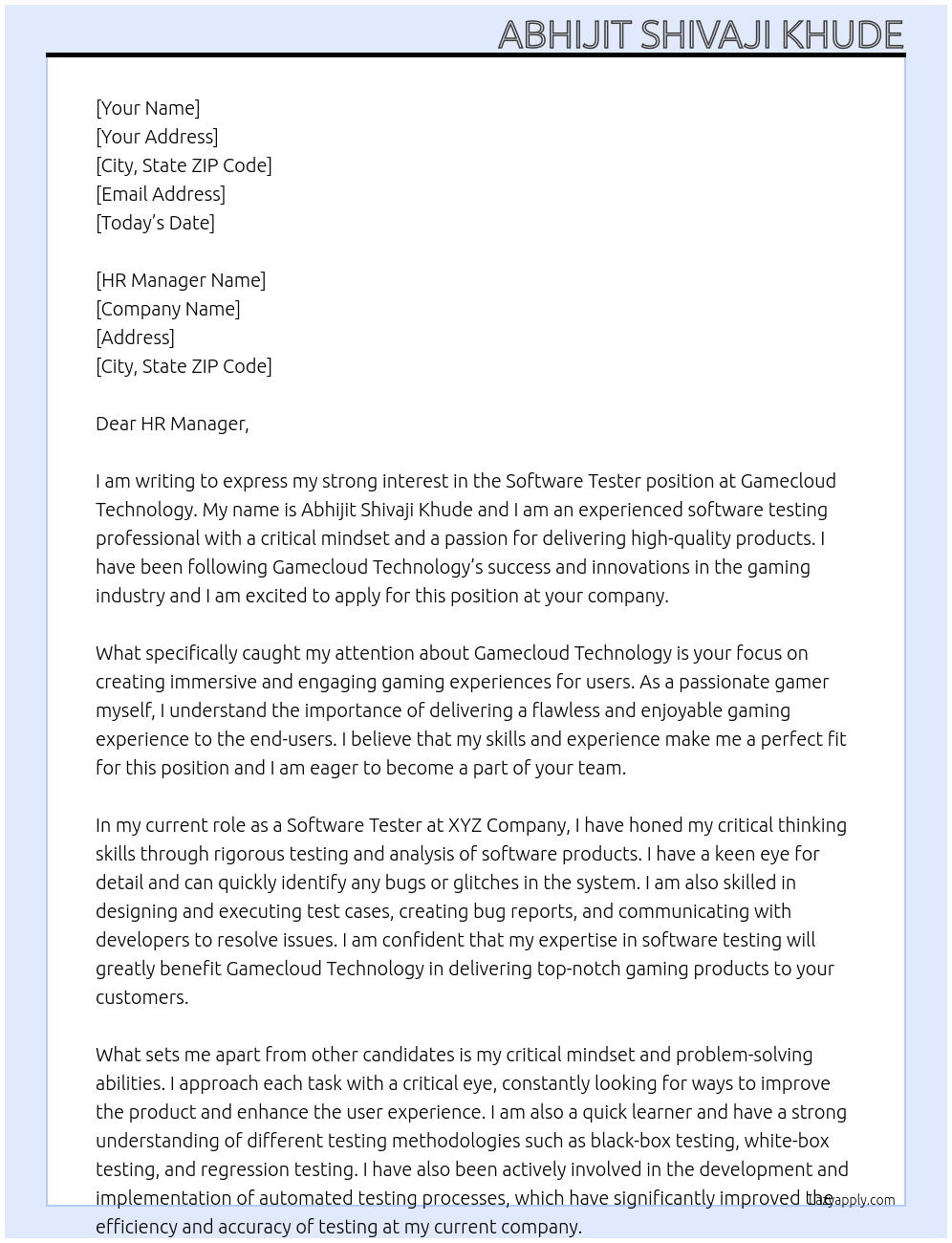 software tester At gamecloud technology Cover Letter
