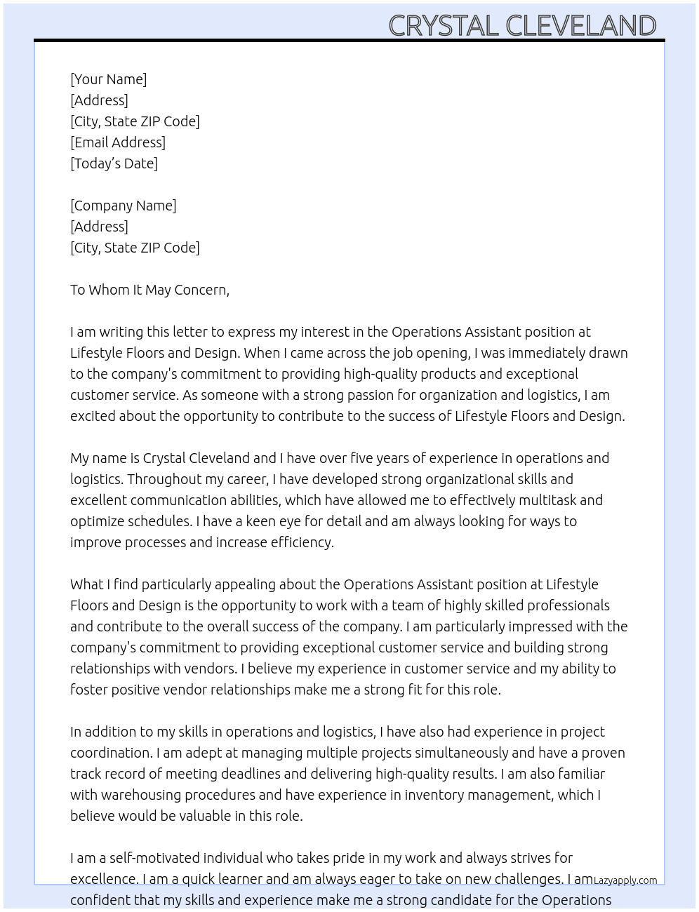 Operations Assistant  At Lifestyle Floors and Design Cover Letter