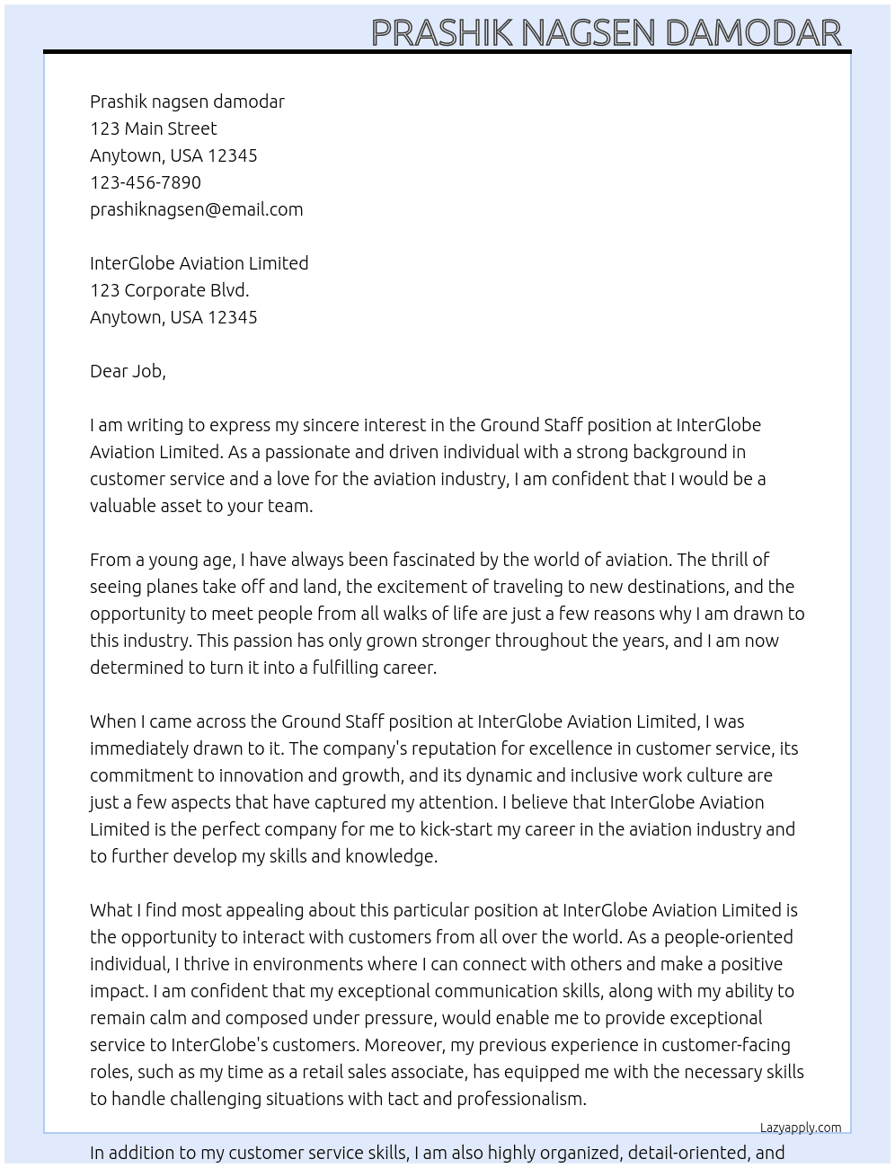 Ground Staff At InterGlobe Aviation limited  Cover Letter
