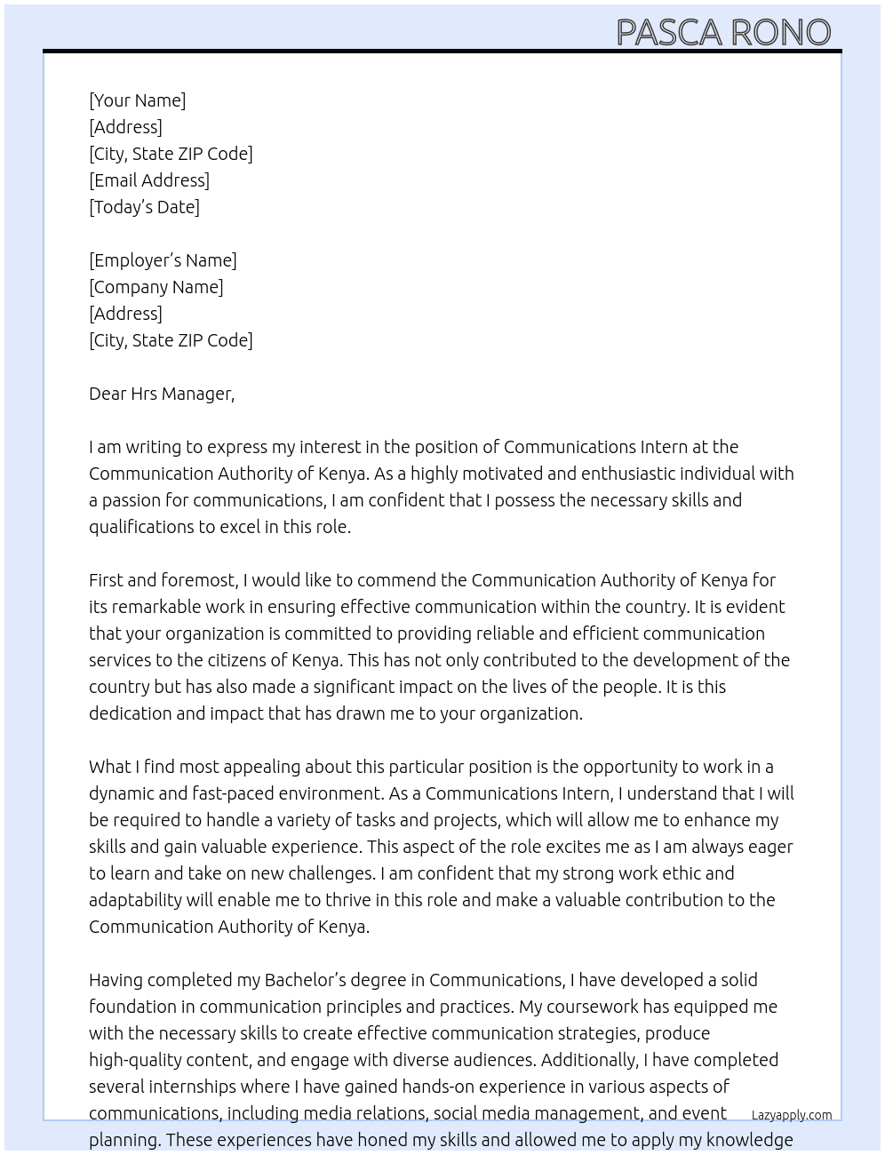 Communications intern At Communication authority of kenya  Cover Letter