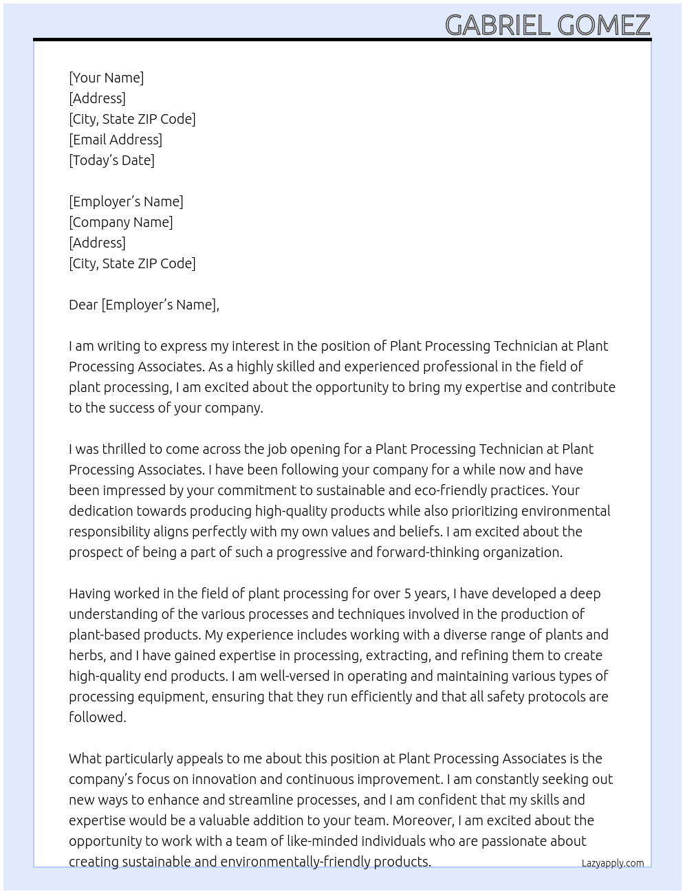 plant processing technician At Plant Processing Associates Cover Letter