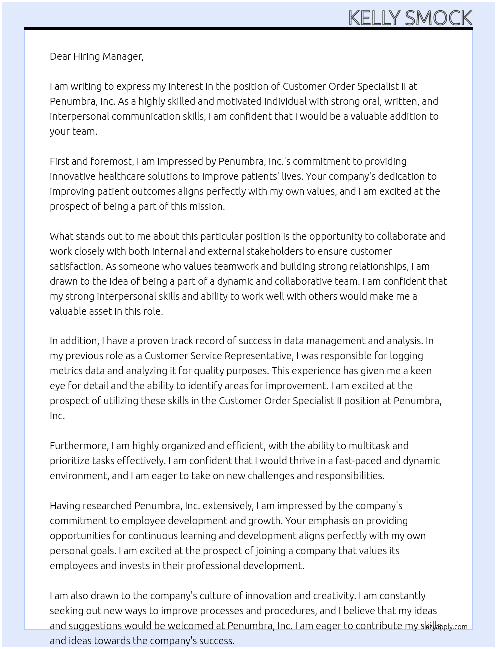 Customer Order Specialist II At Penumbra, inc.  Cover Letter