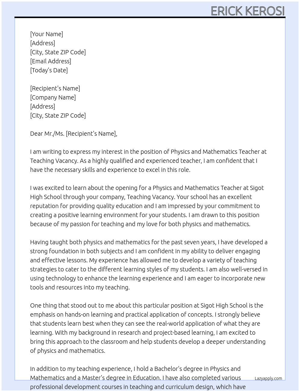 Physics and mathematics teacher At Teaching vacancy  Cover Letter