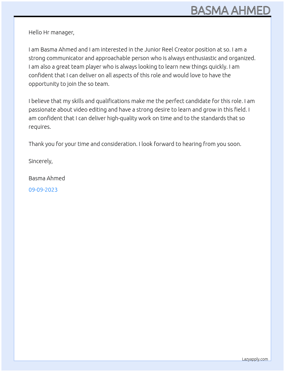 Junior Reel Creator At so Cover Letter