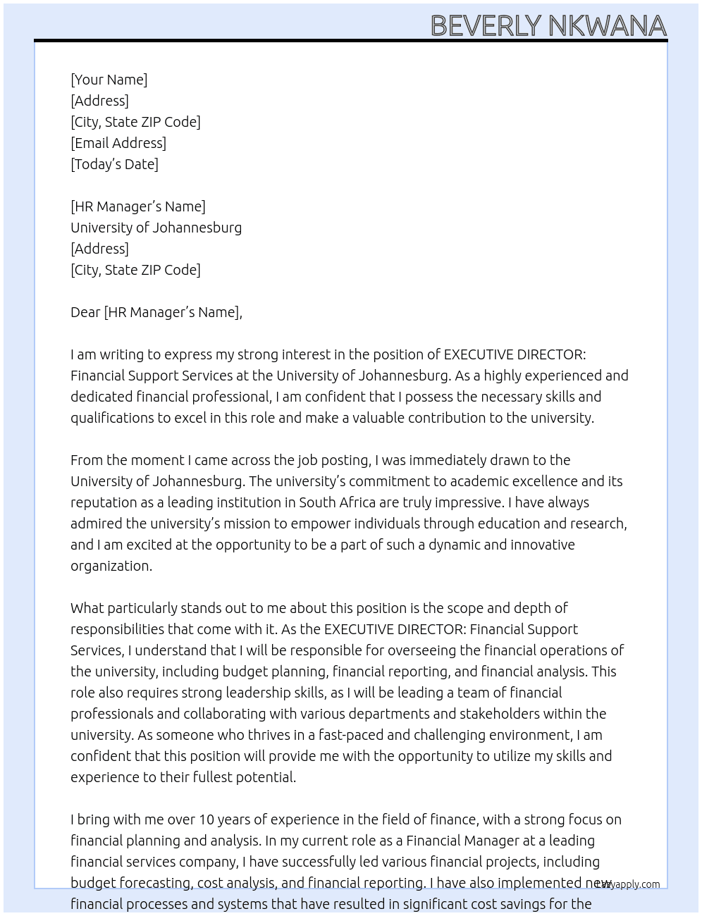 EXECUTIVE DIRECTOR: Financial Support Services At University of Johannesburg Cover Letter