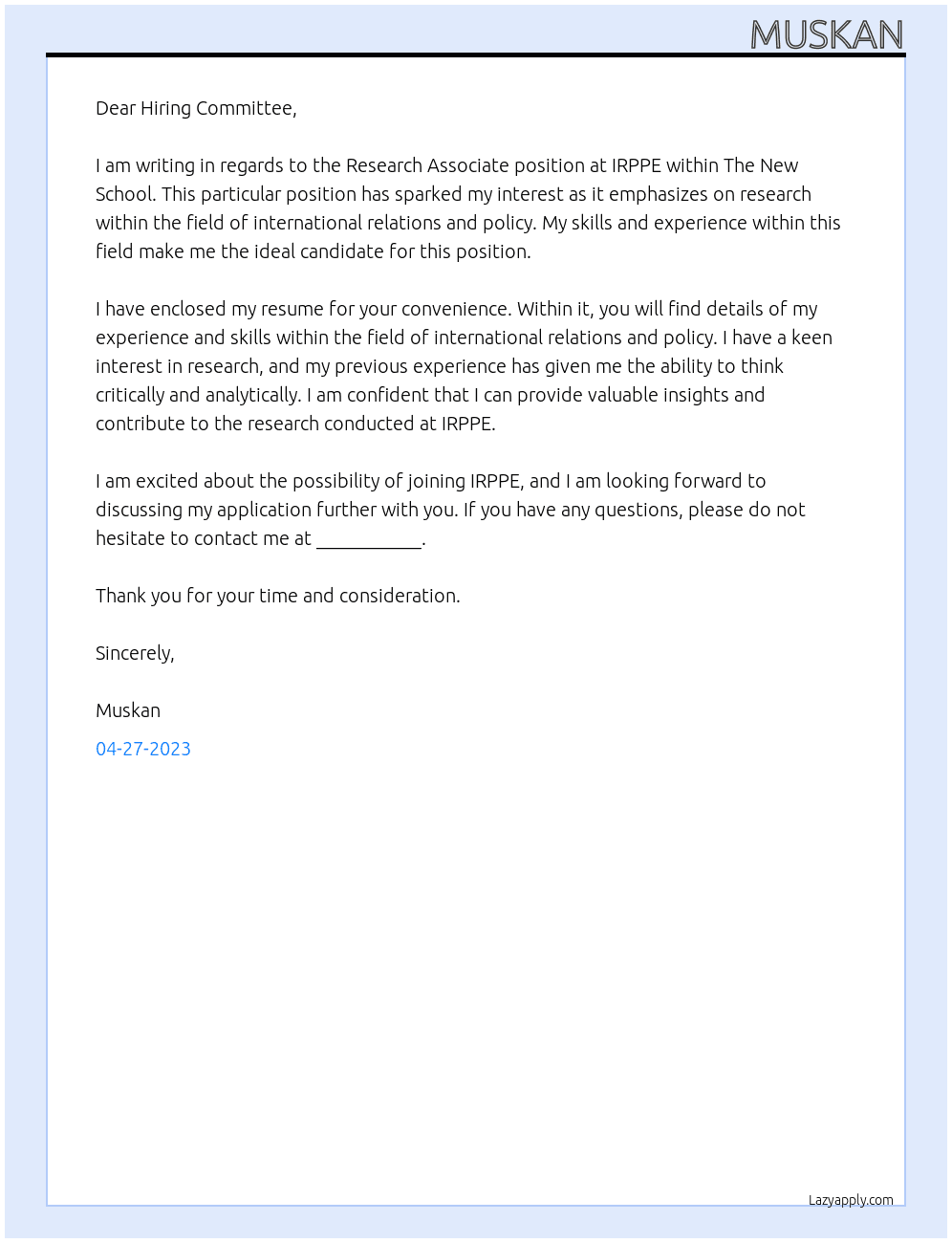 Research Associate, IRPPE At The New School Cover Letter
