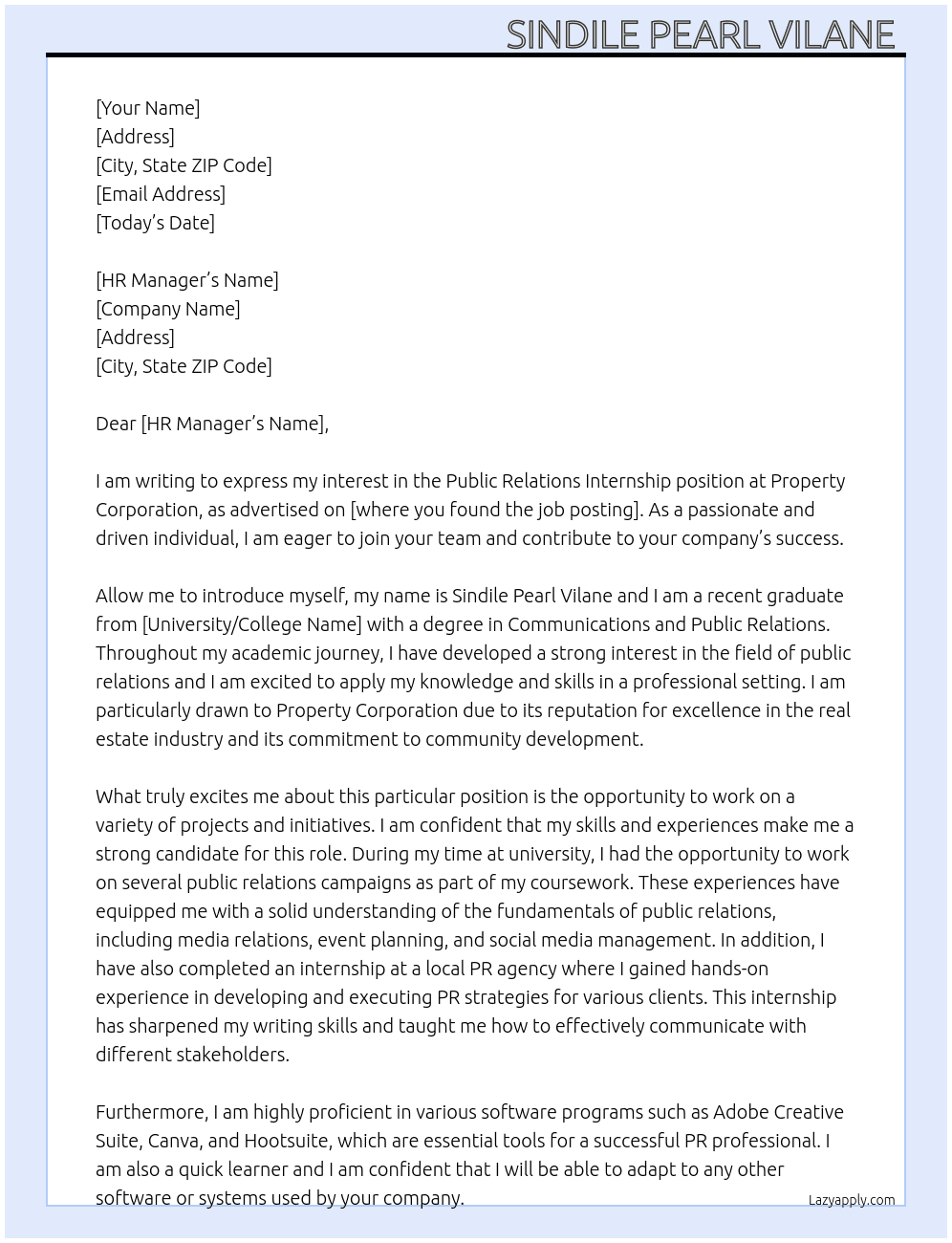 Cover letter for public relations internship - LazyApply