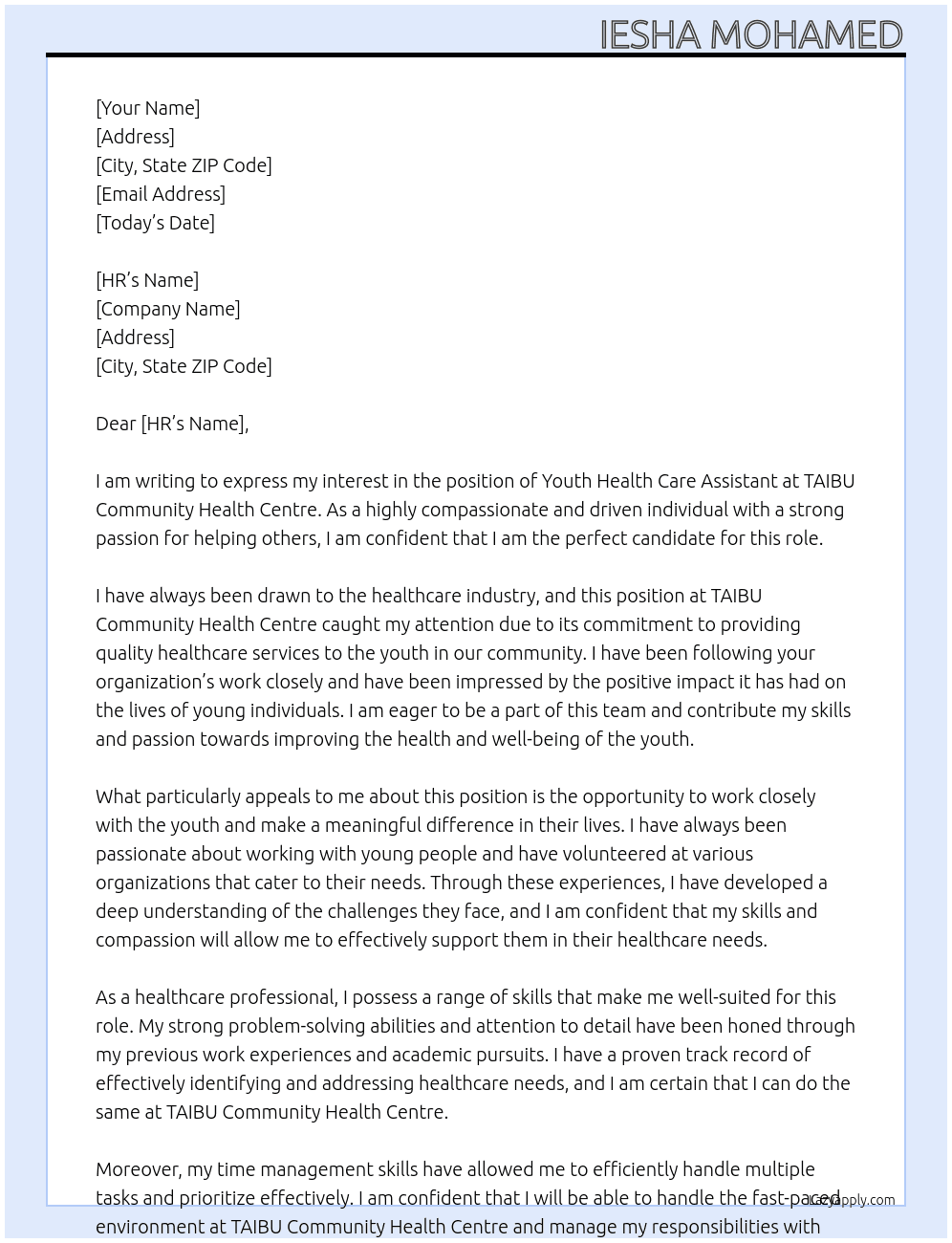 Youth health care assistant  At TAIBU Community Health Centre Cover Letter