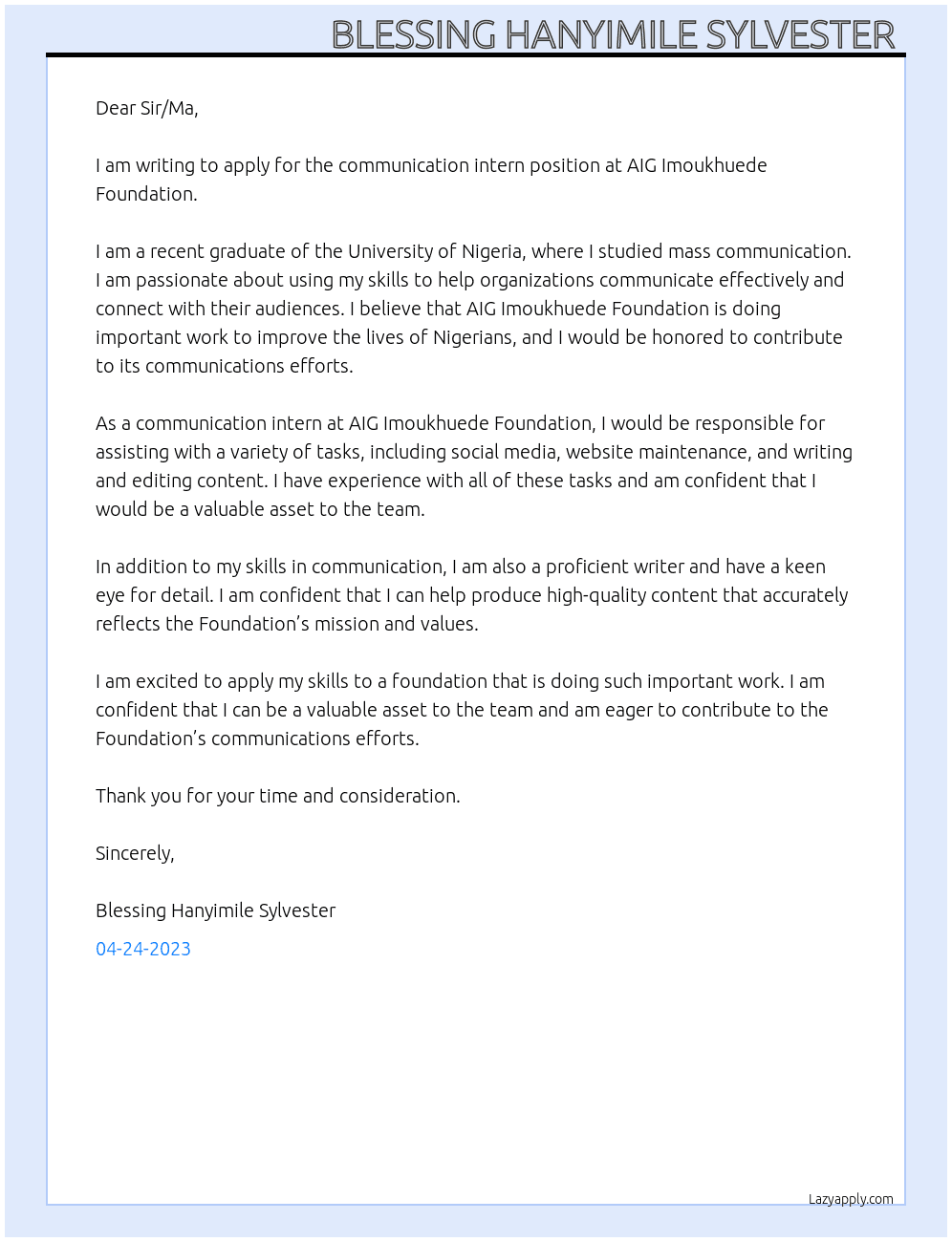 Communication intern At AIG Imoukhuede  Foundation  Cover Letter