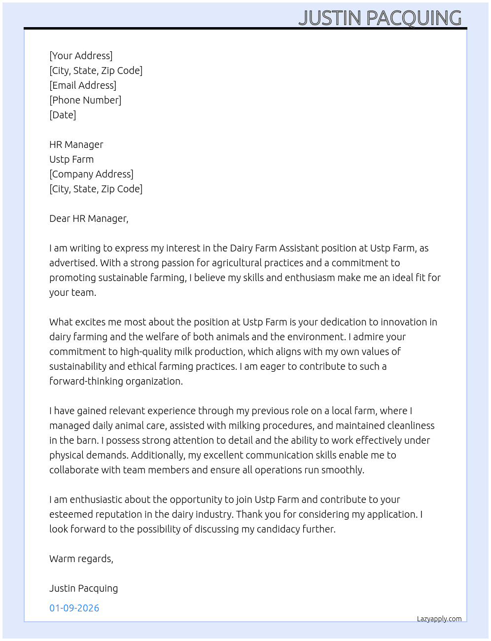 Dairy farm assistant  At Ustp farm Cover Letter