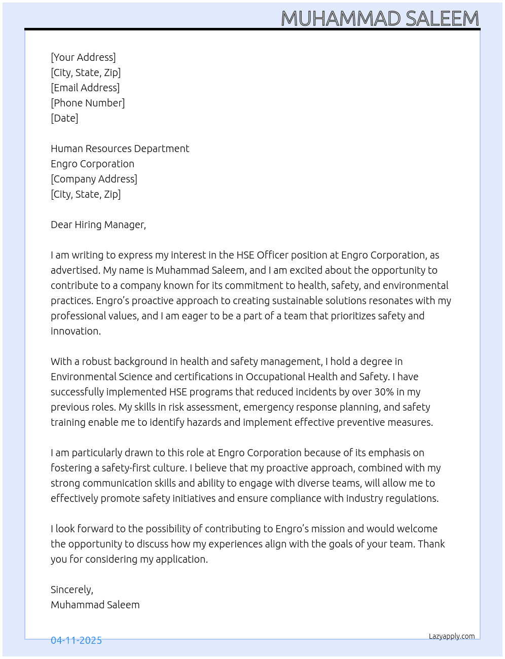 HSE OFFICER At Engro Corporation Cover Letter