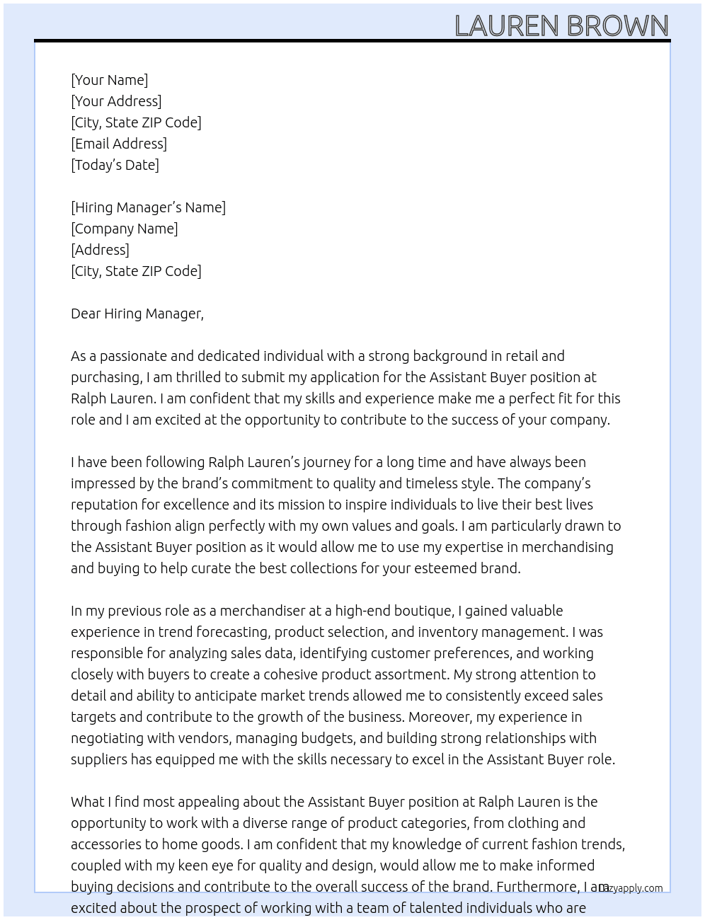 Assistant buyer At Ralph Lauren  Cover Letter