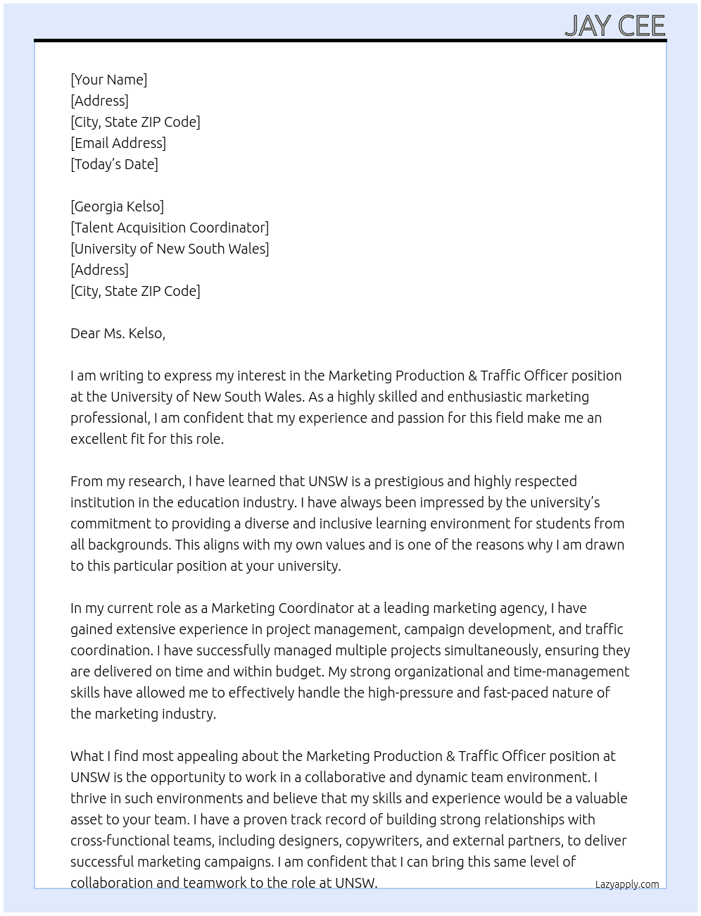 Marketing Production & Traffic Officer At University of New South Wales Cover Letter