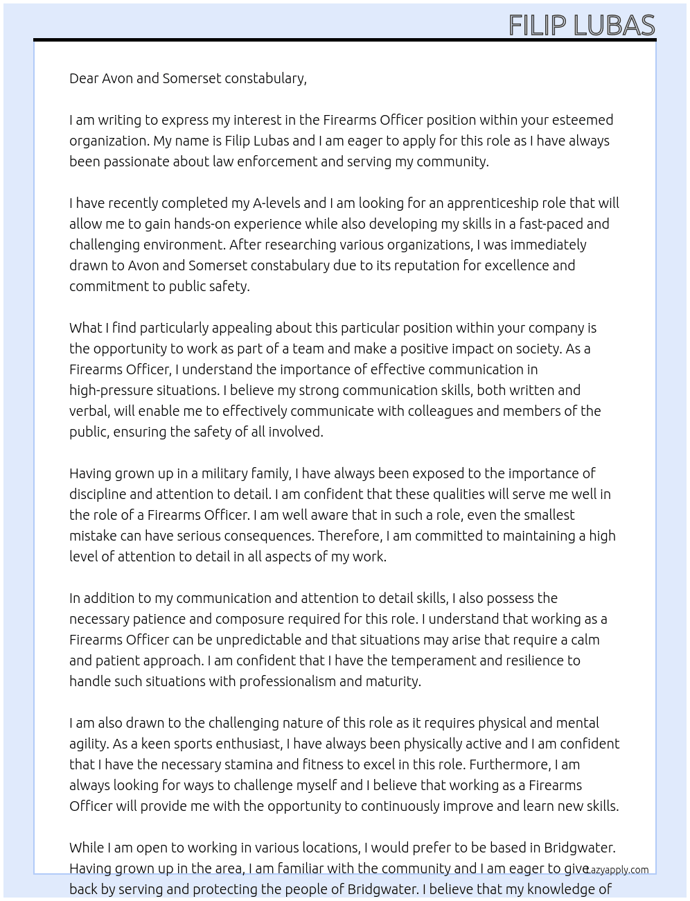 Firearms officer At Avon and Somerset constabulary  Cover Letter