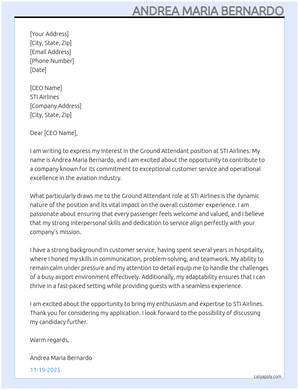 Ground Attendant At STI Airlines Cover Letter