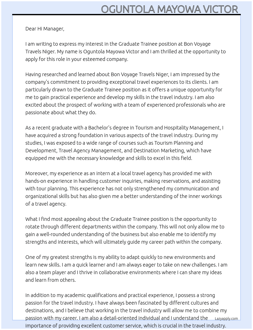 Graduate trainee  At Bon voyage travels Niger  Cover Letter