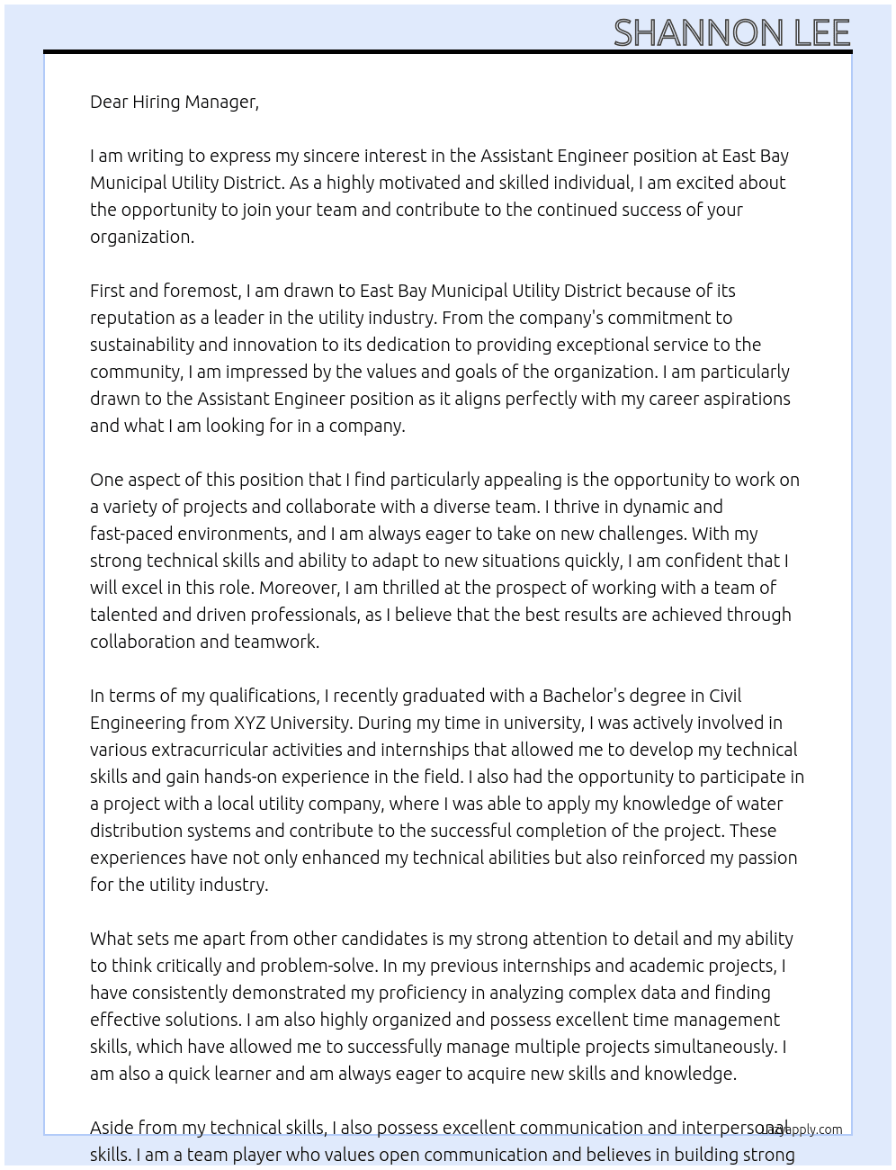 Assistant engineer At East Bay Municipal Utility District Cover Letter