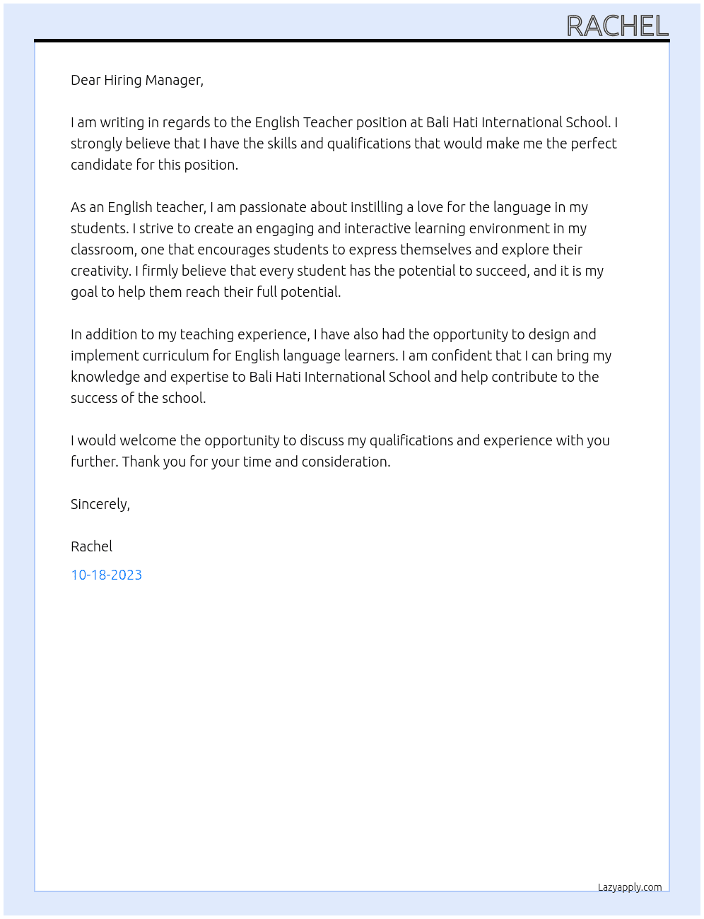 English Teacher At Bali Hati Internation School Cover Letter