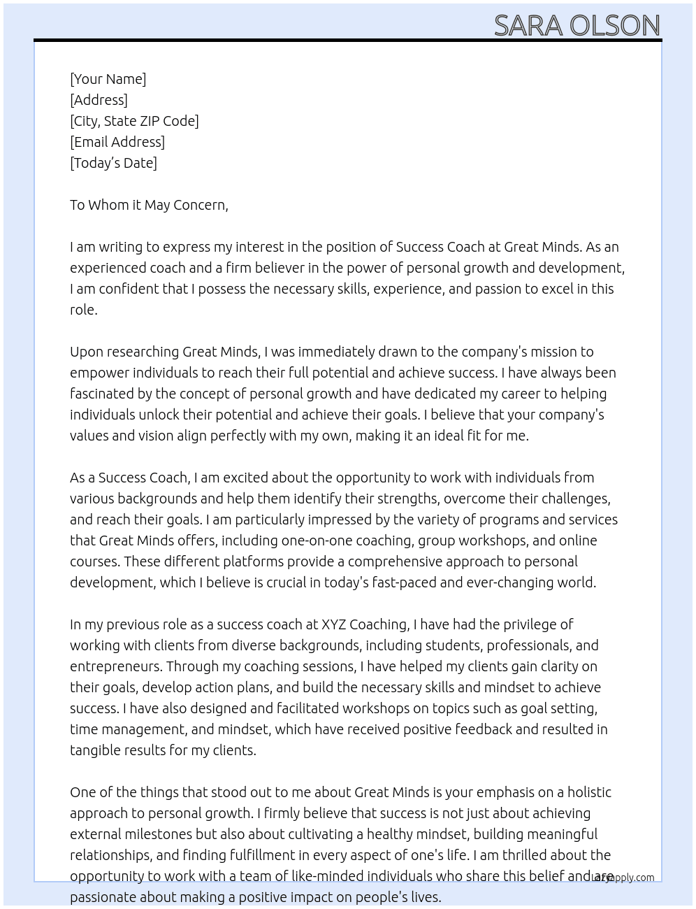 Success Coach At Great Minds Cover Letter