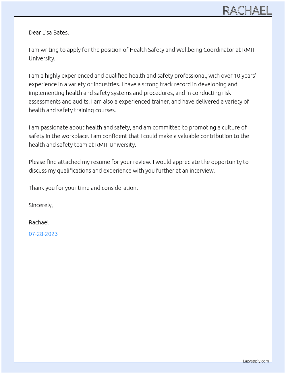 Health Safety and Wellbeing Coordinator At RMIT University Cover Letter