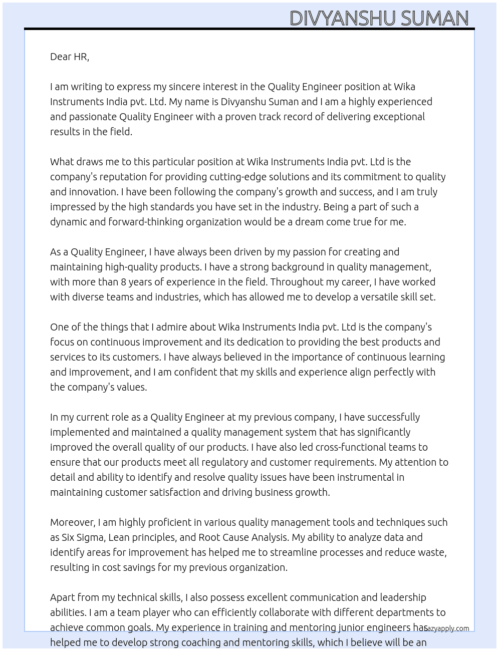 Quality Engineer  At Wika Instruments India pvt. Ltd Cover Letter