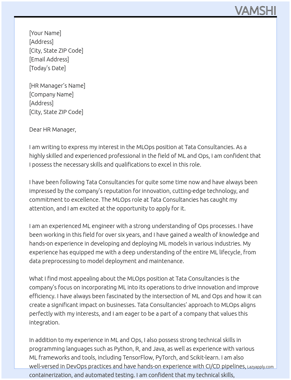 MLOps  At Tata Consultancies Cover Letter