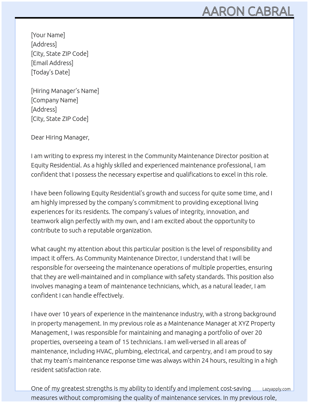 Community Maintenance Director At Equity residential  Cover Letter