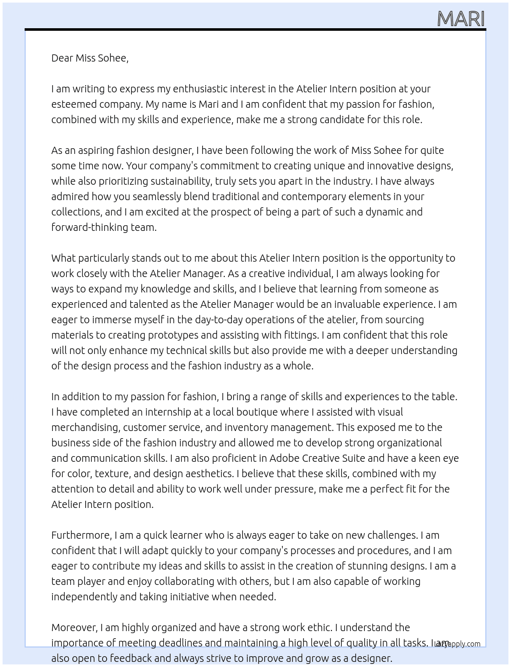 atelier intern At Miss Sohee Cover Letter