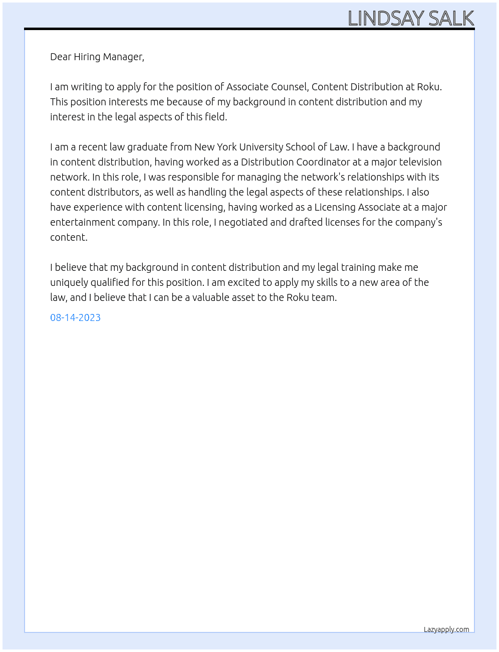 Associate Counsel, Content Distribution At Roku Cover Letter