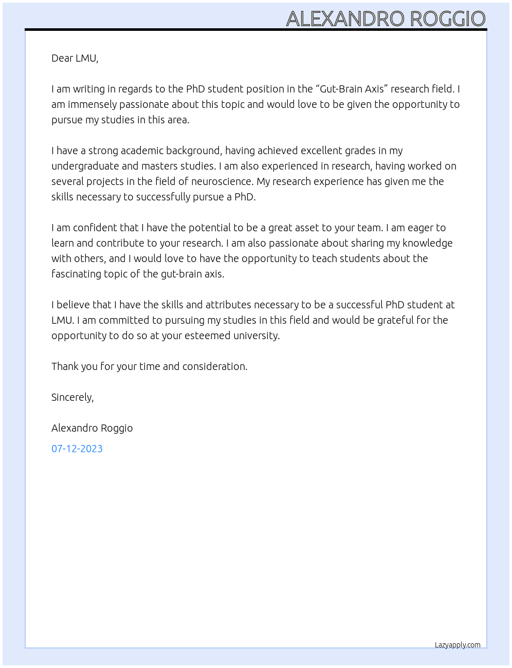 PhD student position in the “Gut-Brain Axis” research field At LMU Cover Letter