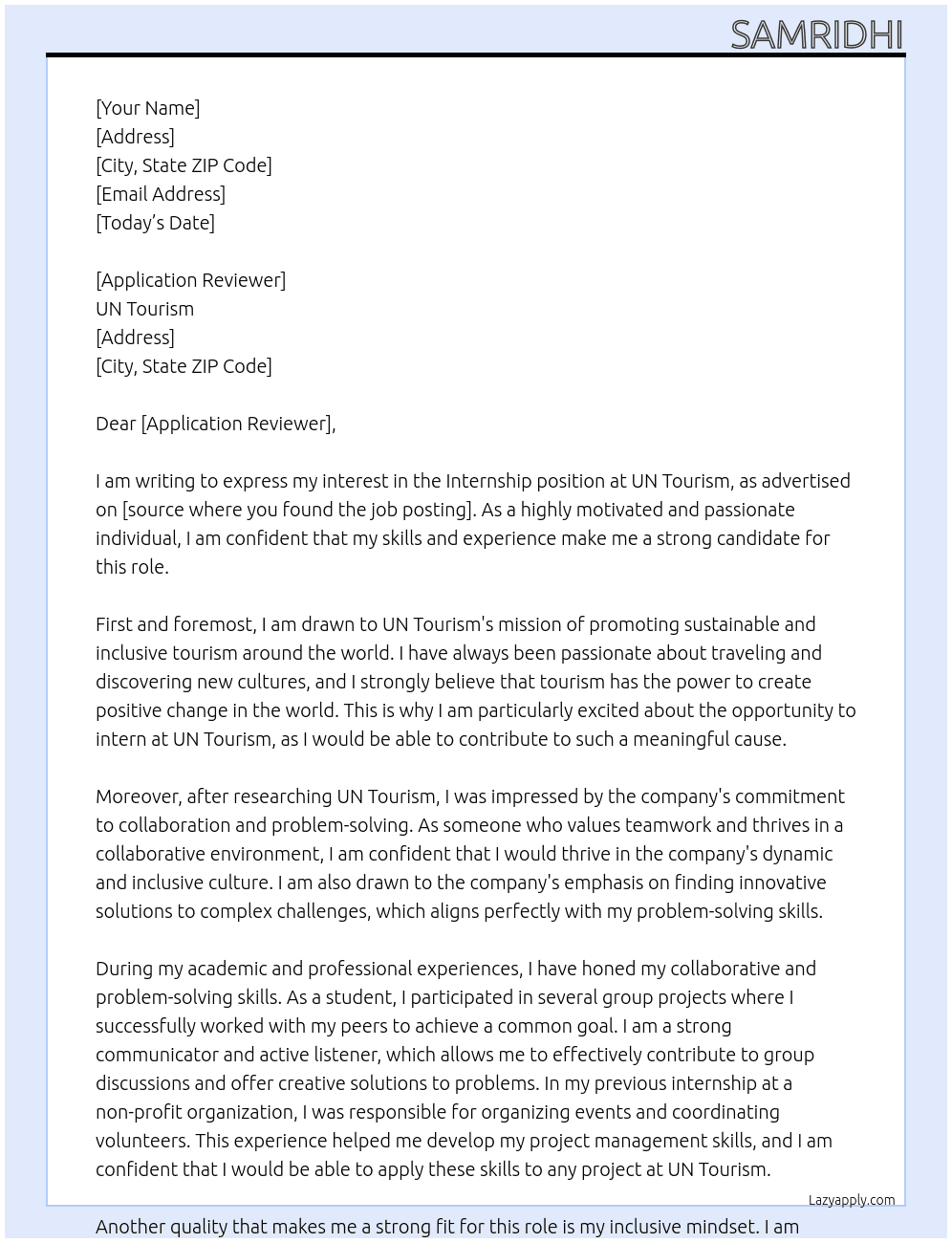 Internship At UN Tourism Cover Letter