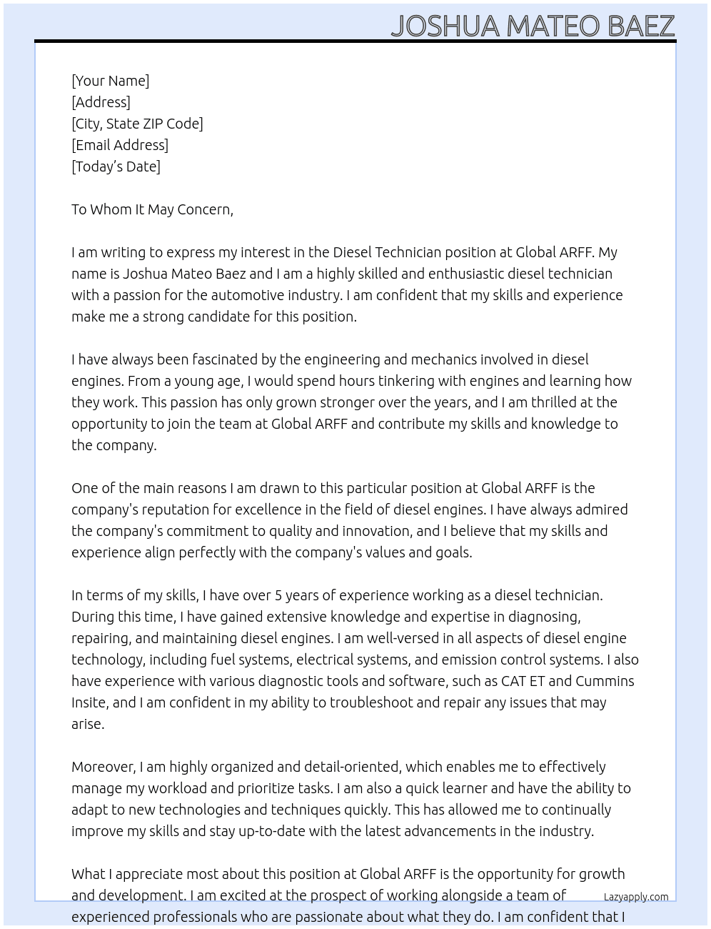 Diesel technician At Global ARFF Cover Letter