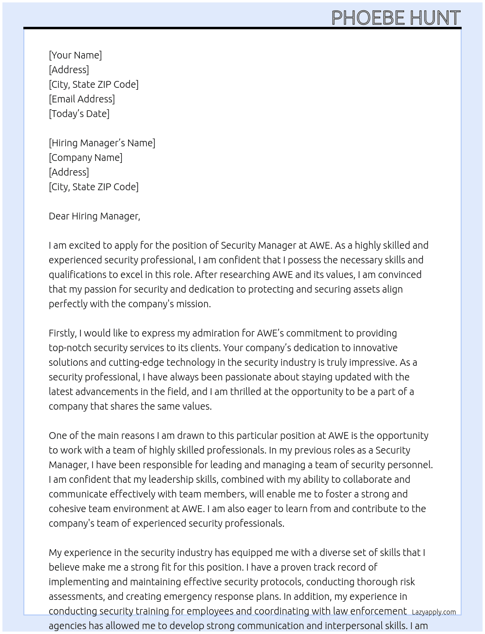 Security manager  At AWE Cover Letter