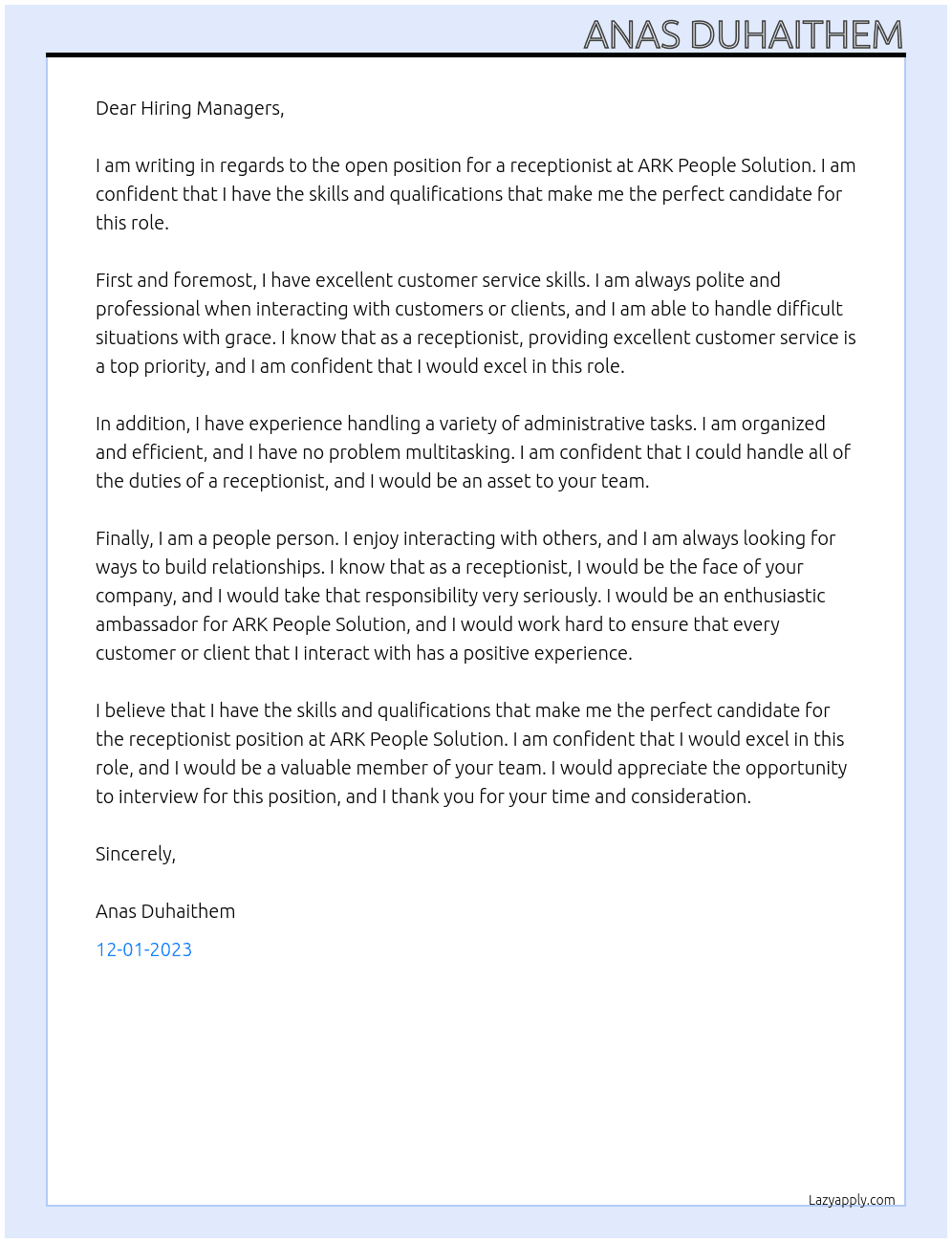 Receptionist At ARK People Solution  Cover Letter