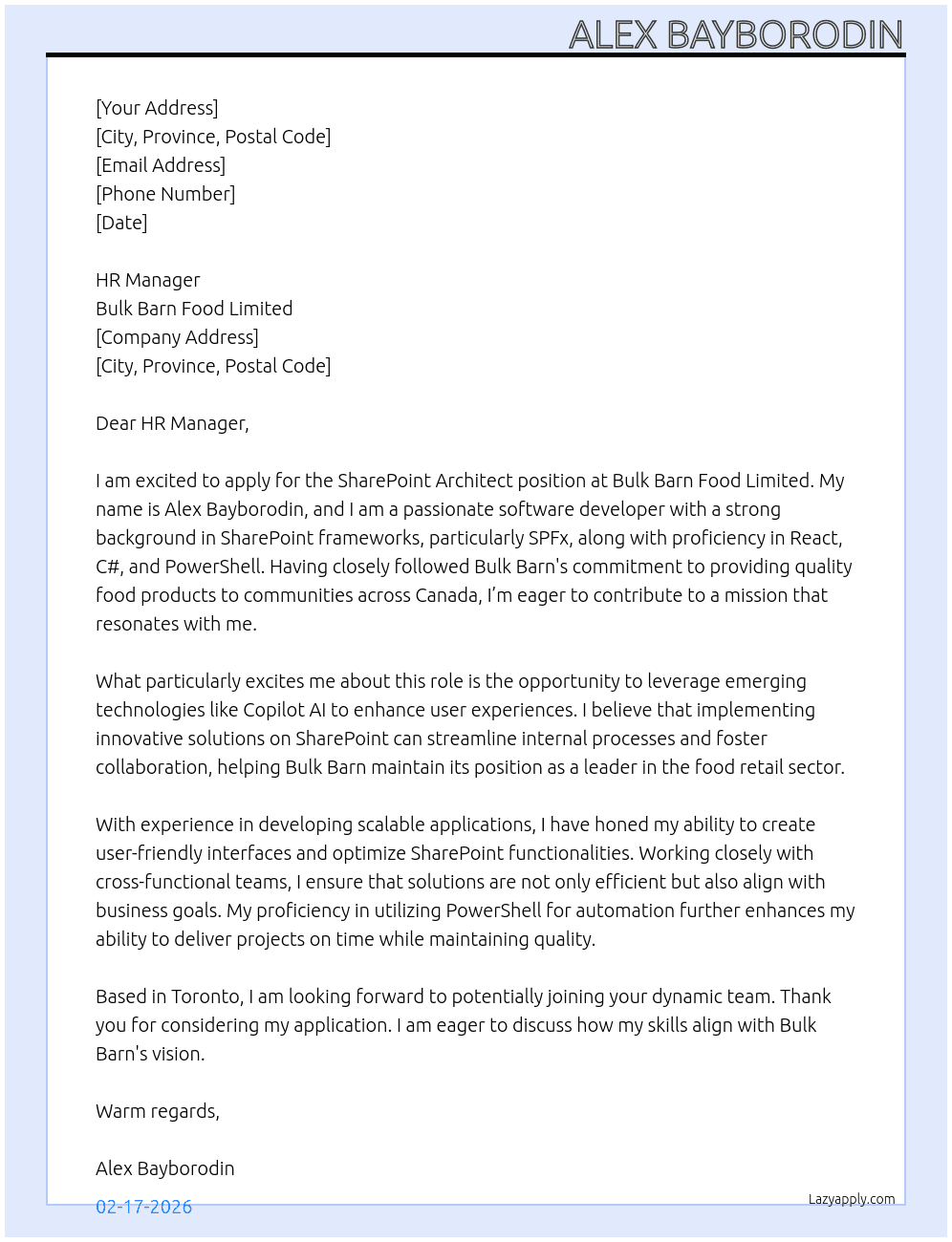 SharePoint Architect At Bulk Barn Food Limited Cover Letter