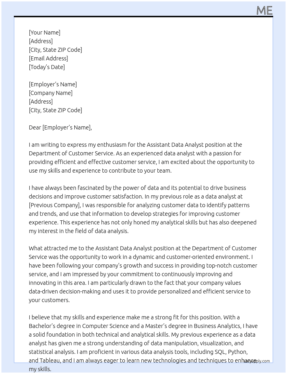 Assistant Data Analyst At Department of Customer Service Cover Letter