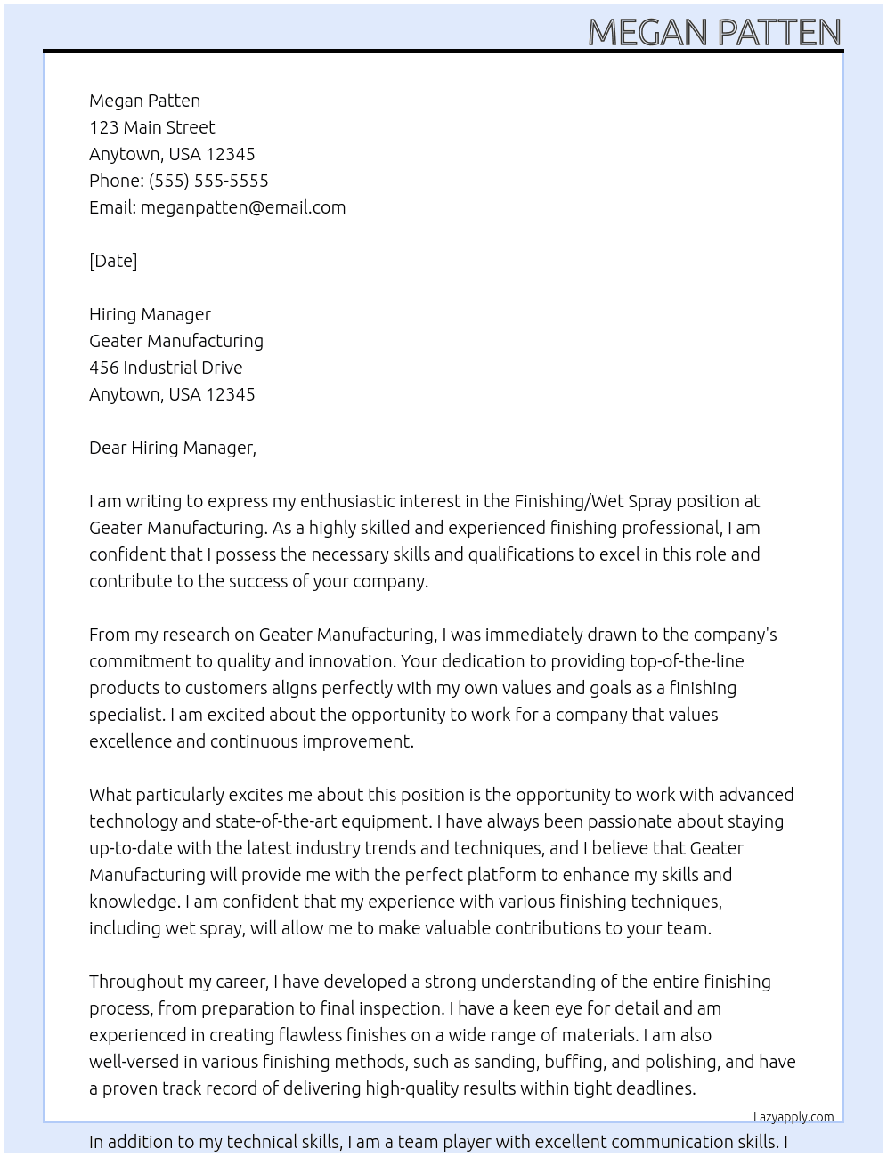 Finishing/Wet Spray At Geater Manufacturing Cover Letter
